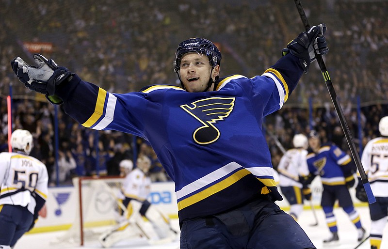 Vladimir Tarasenko of the Blues celebrates after scoring a goal during a game this season against the Predators in St. Louis.
