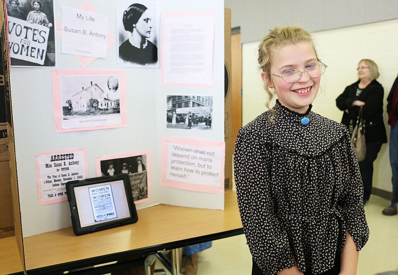 South Callaway fourth grade student Rylie Blankenship - acting as Susan B. Anthony - talks about the time she was arrested while fighting for equality during her presentation Friday.