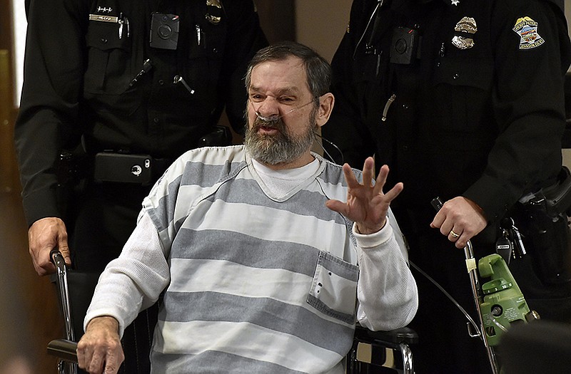 Frazier Glenn Miller, suspected of killing three people at two Jewish sites in Kansas in 2014, makes anti-Semetic remarks as he is wheeled out of a Olathe, Kans., courtroom.