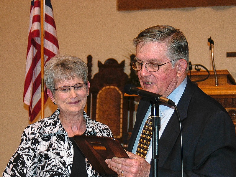 Democrat photo / David A. Wilson

Anita Groepper, left, is named Republican of the Year and presented with a plaque by Larry Rohrbach, President of the Moniteau County Republican Club.