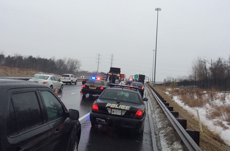 Authorities investigate a shooting incident Tuesday on the Intercounty Connector in Maryland.