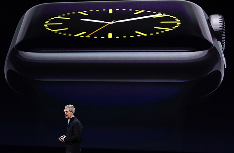 Apple CEO Tim Cook talks about the new Apple Watch during an Apple event on Monday in San Francisco.