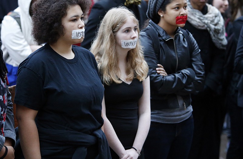 Students at the University of Oklahoma protest racist comments made by a fraternity on Monday in Norman. University President David Boren lambasted members of Sigma Alpha Epsilon fraternity on Monday who participated in a racist chant caught on video, calling them disgraceful and their behavior reprehensible, and ordered that their house be vacated by midnight Tuesday.
