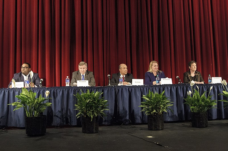 Five candidates - four challengers and one incumbent - for the two open seats on the Jefferson City Public Schools Board of Education took part in a public forum Tuesday evening on the Lincoln University campus in Martin Luther King Hall. Candidates are, from left, Adrian Hendricks II, Dan Renfrow, Michael Couty, Joy Sweeney and Pam Murray.