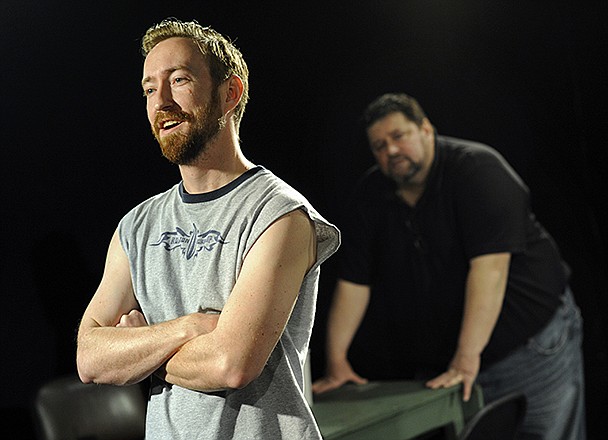 Jerico Whitaker, left, and Mark Wegman work on a scene involving their characters Ty and Ronny during a recent rehearsal for the upcoming Scene One Theatre production of "The Upper Hand."