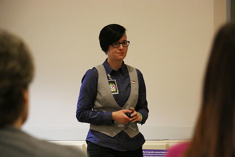 Shelly Farnan discusses domestic violence in the LGBT community during Fulton State Hospital's Cultural Competence Committee's Community Conversation Wednesday. Farnan works to educate health care professionals about LGBT issues.
