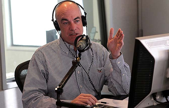 In this Dec. 7, 2010 photo, John Hancock co-hosts a radio program on KMOX with Mike Kelley in St. Louis. The chairman of the Missouri Republican Party mounted a public defense of his reputation Thursday, March 12, 2015, as several state lawmakers called for his resignation over his alleged involvement in an anti-Semitic whispering campaign against a state auditor who killed himself. (AP Photo/St. Louis Post-Dispatch)