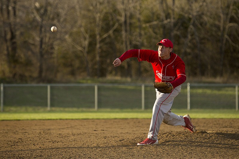 Calvary Lutheran's Hance Sommerer throws a pitch during a game last season at the school.