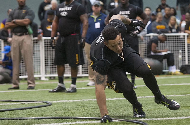 Shane Ray takes part in an agility drill Thursday during Missouri's Pro Day in Columbia.