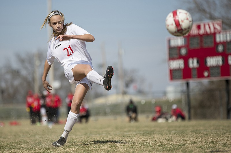 Jefferson City's Sarah Luebbert, shown taking a penalty kick during a 2014 game, was the leading scorer for the Lady Jays that year.