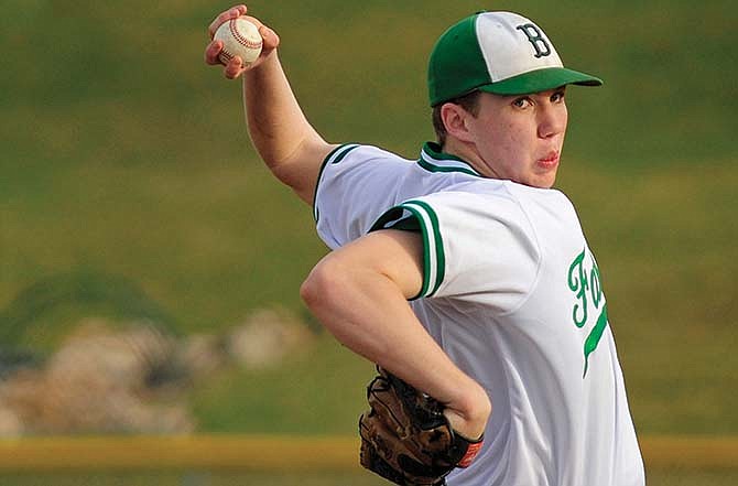 Blair Oaks starting pitcher Clayton Graessle delivers a pitch while working in the top of the third inning of Saturday's game against Eugene in Wardsville, Mo.