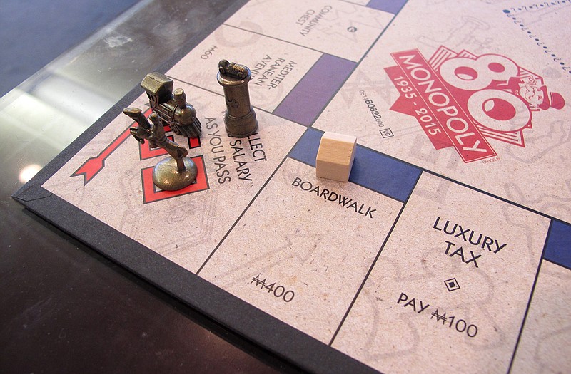 A Monopoly board is seen in Atlantic City, N.J. - the city on whose real-life streets the Monopoly board game is based. The board game turne 80 years old last week.