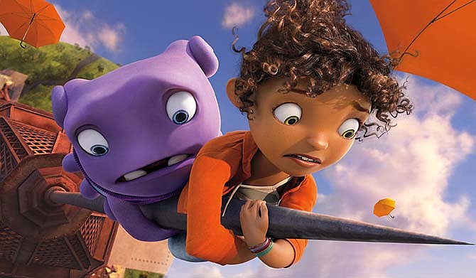 In this image released by DreamWorks Animation, characters Oh, voiced by Jim Parsons, left, and Tip, voiced by Rihanna appear in a scene from the animated film "Home."