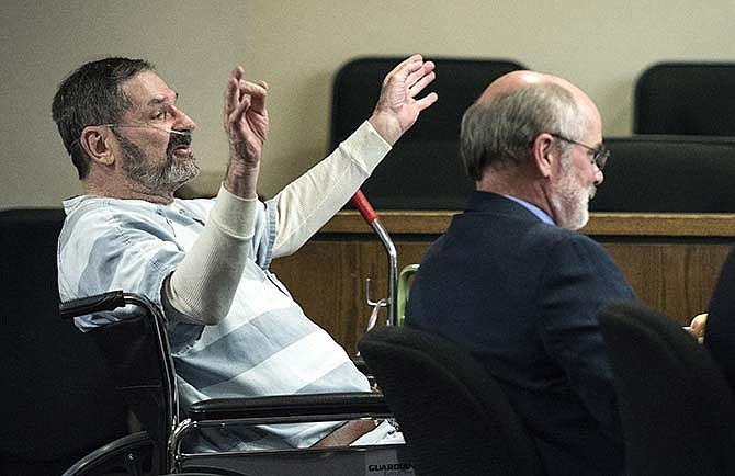 Frazier Glenn Miller, left, appears in court on Friday, March 27, 2015, at the Johnson County Courthouse, in Olathe, Kan., where he asked for his right to a speedy trial. His trial, in the murder of three people outside Jewish facilities in Overland Park last year, is scheduled to begin August 17.