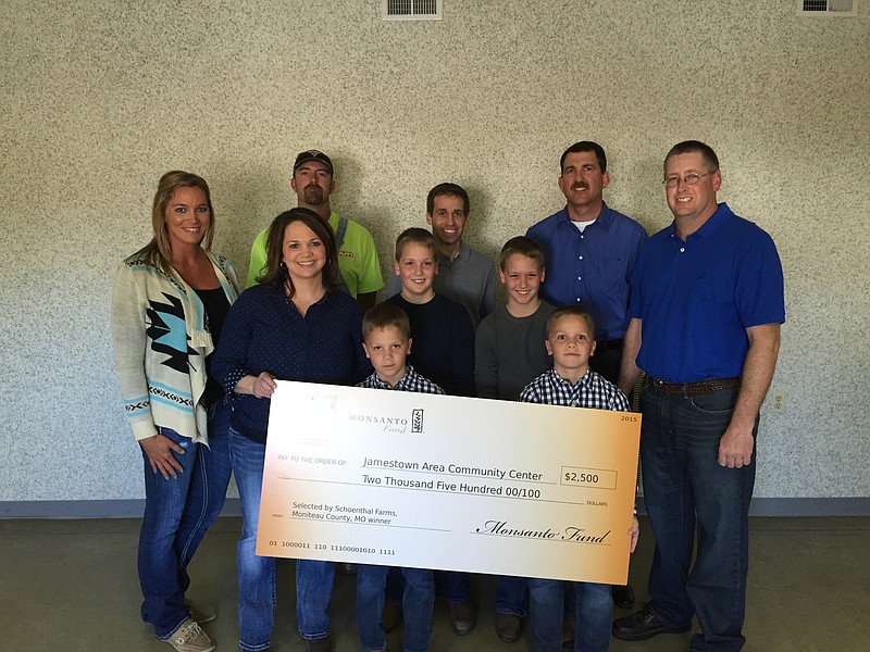 Photo provided

Michelle Koelling, Monsanto representative, presents $2,500 to Schoenthal farms, which directs the donation to the Jamestown Area Community Center. Front row, from left, are Brayden Schoenthal, Ethan Schoenthal; second row, Koelling, Jennifer Schoenthal, Evan Schoenthal, Bradley Schoenthal, Chris Schoenthal; back row, Stephen Derendinger, Bryan Schoenthal and Jon Imhoff. Imhoff and Derendinger represent the Jamestown Community Center.