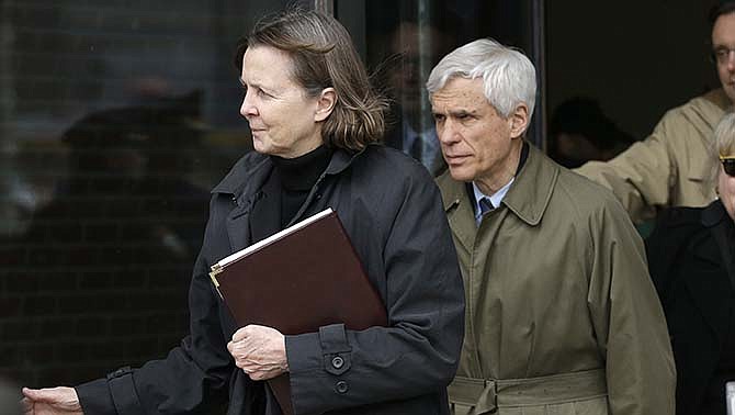 Defense attorneys Judy Clarke, left, and David Bruck leave federal court Wednesday, April 8, 2015, in Boston where their client Dzhokhar Tsarnaev was convicted on multiple charges in the 2013 Boston Marathon bombing. Three people were killed and more than 260 were injured when twin pressure-cooker bombs exploded near the finish line. 