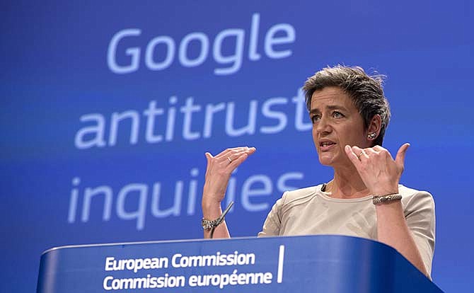 European Union's competition chief Margrethe Vestager speaks during a media conference regarding Google at EU headquarters in Brussels on Wednesday, April 15, 2015. The European Union's executive hit Google with an official antitrust complaint on Wednesday that alleges the company abuses its dominance in Internet searches and also opened a probe into its Android mobile system. 