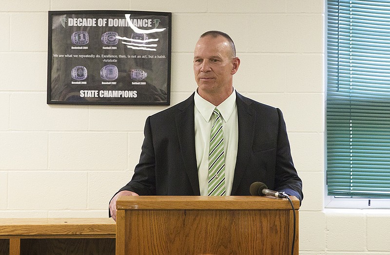 Terry Walker speaks during a press conference Wednesday afternoon at Blair Oaks High School at which he was introduced as the new head football coach.