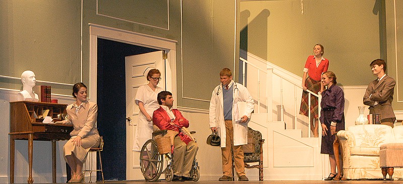In this scene from the first act of "The Man Who Came to Dinner" performed by the CHS Drama Club are, from left, Lindsey Morris as Maggie Cutler, Hannah Banderman as Miss Preen, Matthew Oerly as Sheridan Whiteside, Dylan Silvey as Dr. Bradley, Jordyn Simmons as June Stanley, Halle Oliver as Mrs. Stanley and Caleb Stahl as Mr. Stanley. The play was orginally written in the 1930s by Moss Hart and George S. Kaufman.