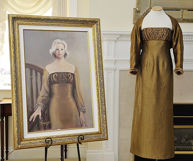 The Cole County Historical Society's annual fashion show and luncheon featured preserved inaugural gowns of Missouri first ladies on display for the first time. This copper-colored gown with paisley-patterned top belonged to Lori Holden, wife of Gov. Bob Holden.