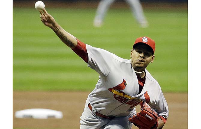 St. Louis Cardinals starting pitcher Carlos Martinez throws during the first inning of a baseball game against the Milwaukee Brewers, Friday, April 24, 2015, in Milwaukee. 
