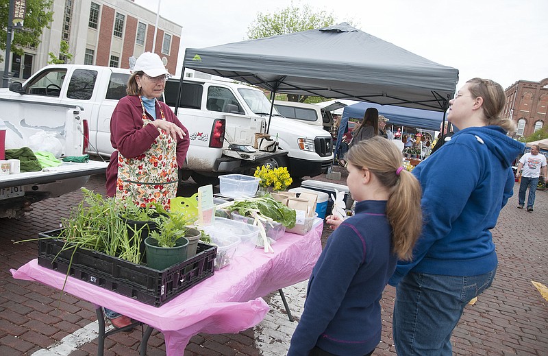 Margot McMillen, who runs Terra Bella Farm near Hatton, talks to potential customers Saturday at the Fulton Farmers' Market, set up outside the Callaway County Courthouse.