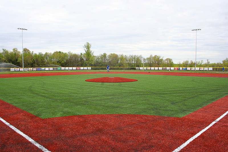 View from homeplate of the new baseball field at California High School on April 24. The outfield sod was installed last week. (Democrat photo/Camal Petro)