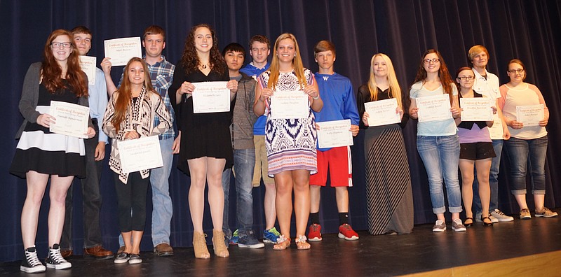 CHS students receiving fourth quarter Pinto Strong awards are, front row, from left, Hannah Banderman, Savanna Qualls, Elizabeth Lutz and Sidney Draffen; back row, Matthew Henley, Matt Brown, Jerumin Banda, Kolten Barbour, Kory Stephens, Ashley Porter, Leanna Reichl, Breanna Fairchild, Josh Porter and Anna Hentges. Not available for the photo were Luke Freeman and Jacob Foxworthy.