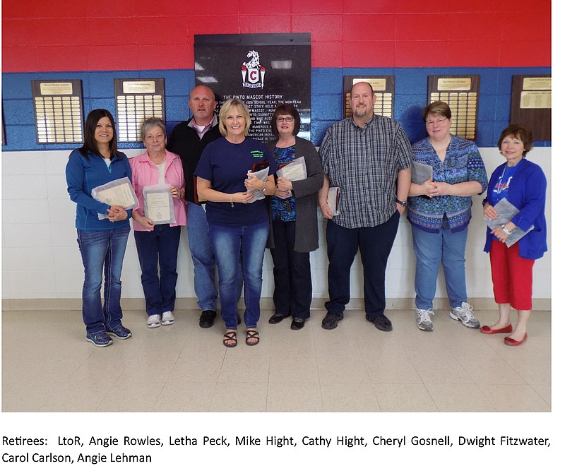 Retiring professionals include, from left to right, Angie Rowles, Letha Peck, Mike Hight, Cathy Hight, Cheryl Gosnell, Dwight Fitzwater, Carol Carlson and Angie Lehman.