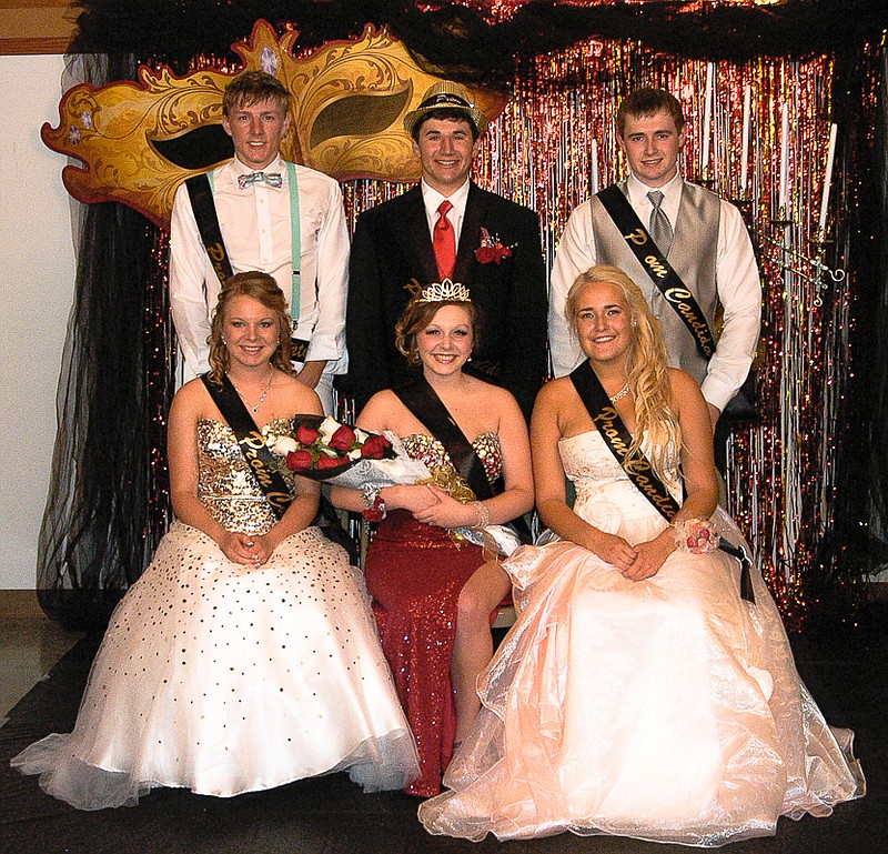 California High School Prom Queen Alisha Mettle and King Matt Oerly are crowned Saturday, April 25, at the Knights of Columbus Hall, St. Martins. The Royal Court are seated, from left, Rosie Swillum, Queen Mettle, Ana Mikkelson; and standing, Allan Burger, King Oerly and Garrett Imhoff.