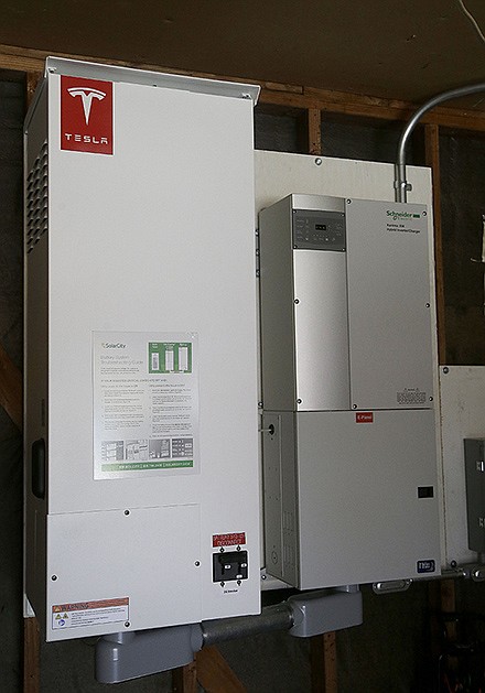 A prototype Tesla battery system that powers the home of David Cunningham in Foster City, California. Cunnigham installed the battery late last year to pair with his solar panels as part of a pilot program run by the California Public Utilities Commission to test home battery performance.