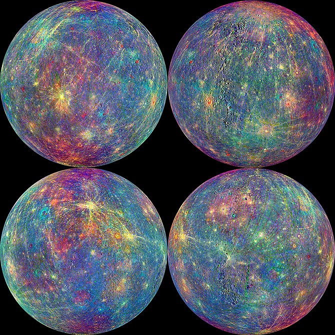 This combination of images provided by NASA shows the readings from the Mercury Atmosphere and Surface Composition Spectrometer (MASCS) instrument aboard the Messenger spacecraft. Colors were added to study both the exosphere and surface of the planet.