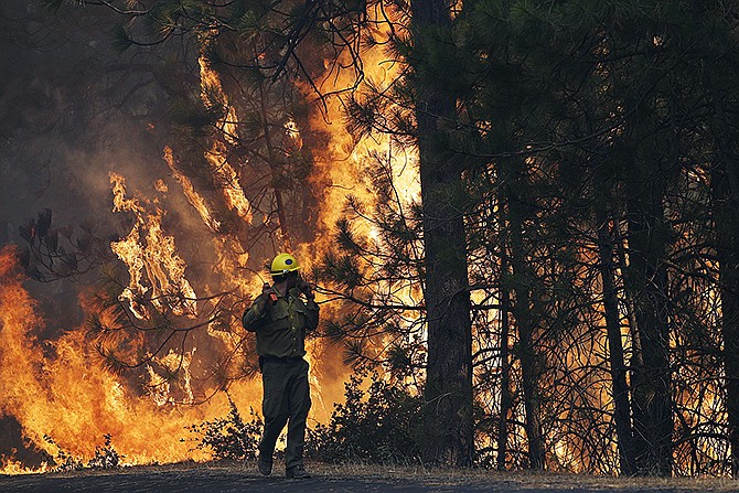 Firefighter A.J. Tevis watches the flames of the Rim Fire near Yosemite National Park, California, in 2013. Criminal charges have been dropped against a hunter accused of starting the massive wildfire that burned the Stanislaus National Forest and part of Yosemite National Park, federal prosecutors announced Friday.