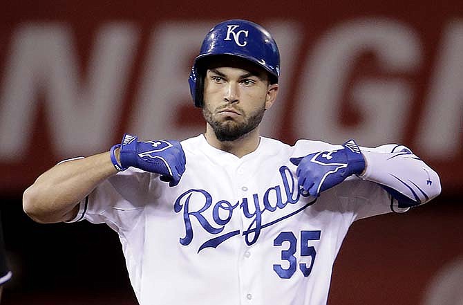 Kansas City Royals' Eric Hosmer celebrates after hitting an RBI double during the sixth inning of a baseball game against the Cleveland Indians, Wednesday, May 6, 2015, in Kansas City, Mo.