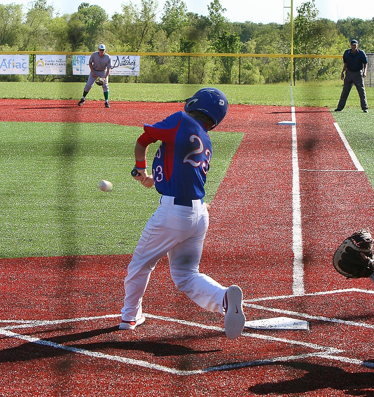 Kory Stephens puts a ball in play against Blair Oaks Monday. 