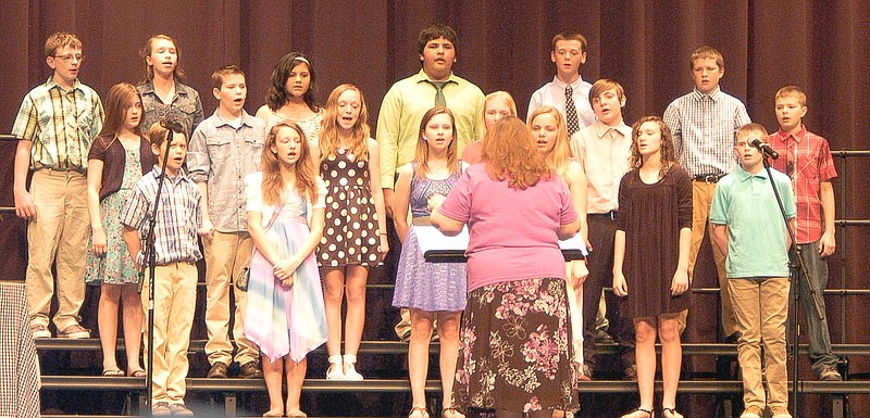 The Sixth Grade Music Connections choir sings "Laudamus Te" at the California Middle School Spring vocal concert Friday, May 8.