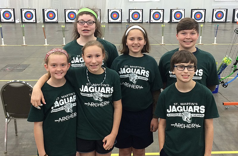 St. Martins Catholic School sent a team of 25 students and one individual to the National Archery in Schools Program national tournament recently in Louisville, Kentucky. Only in its second year, the team qualified to advance to the world tournament in July in Nashville.