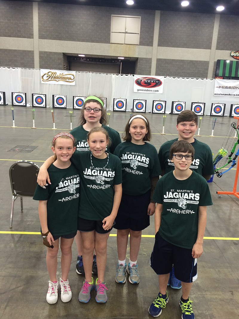 St. Martins Catholic School sent a team of 25 students and one individual to the National Archery in Schools Program national tournament recently held in Louisville, Kentucky. Only in its second year, the team qualified to advance to the world tournament in July in Nashville, Tennessee.