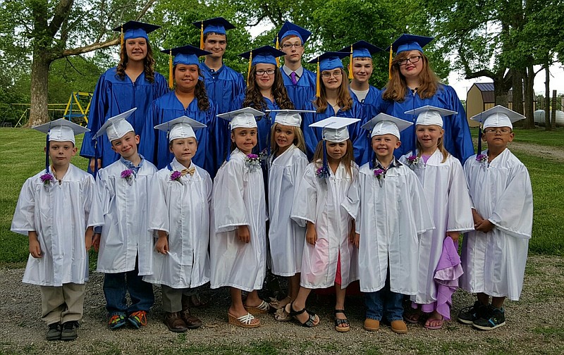 Latham graduates are, front row, left to right, Blaize Bower, Shaun Gilpin, Waylon Potter, Grace Higgins, Isabella Fulks, Abby Lloyd, Gatlin Fulks, Myra Haas and Breck Miller; middle row, Megan Higgins, Heather Tunis, Breanna Gunnerson and Kelsay Gish; back row, Bethany Stuedle, Nicholas Bolinger, Weston Liebland Kutter Baumgartner.