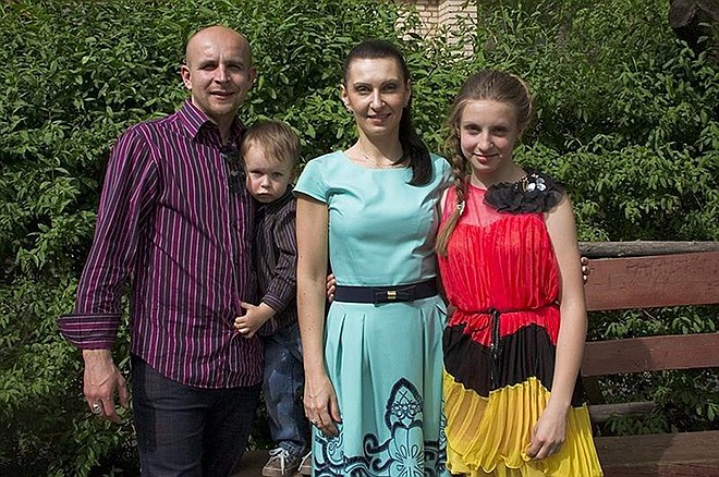 From left, Ukranian pastor Elisey Pronin, son David, wife Oksana and daughter Viola.