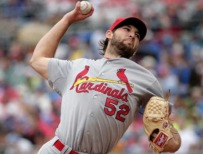 St. Louis Cardinals starting pitcher Michael Wacha throws during the first inning of a baseball game against the Kansas City Royals Sunday, May 24, 2015, in Kansas City, Mo. 