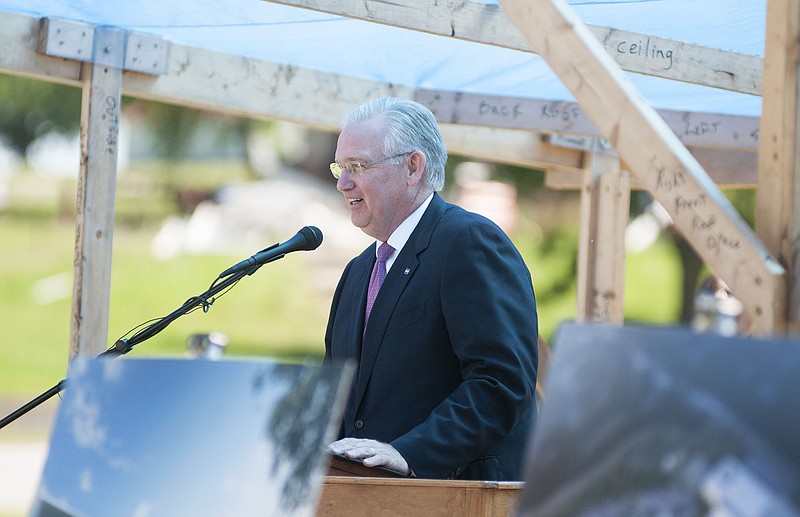 Gov. Jay Nixon addresses the significance of the Fulton State Hospital project, expected to be December 2017, on Wednesday during a groundbreaking ceremony on the hospital grounds.