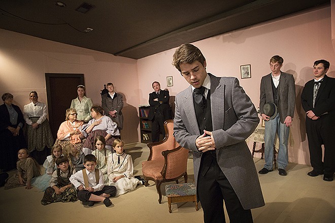 Local actor Adam Sullens peforms a speech in front of the entire cast while practicing a scene as his character, Young George, in the upcoming Stained Glass Theatre production of "Unto the Least of These."