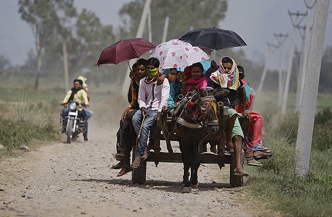 Indian devotees hold umbrellas Thursday to protect themselves from the sun during the annual festival of Sufi saint Saiwali Pir Baba at Sangral near the India-Pakistan international border. Eating onions, lying in the shade and splashing into rivers, Indians were doing whatever they could to stay cool during a brutal heat wave that has killed more than 1,400 in the past month. 