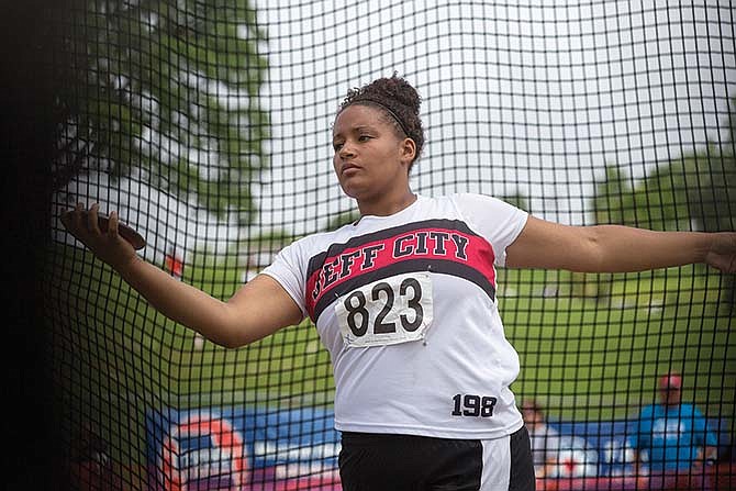 
Alexis Roberson of Jefferson City spins through her windup during the Class 5 girls discus final Saturday at Dwight T. Reed Stadium.