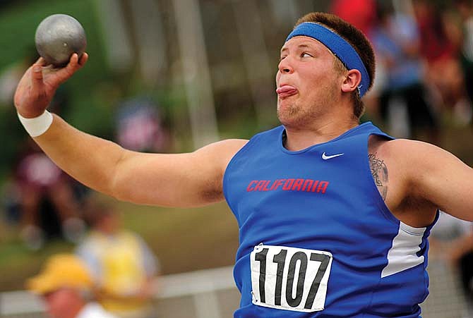 
Nathan Squires of California releases a throw on his way to winning the Class 3 state title in the shot put Saturday at Dwight T. Reed Stadium in Jefferson City.