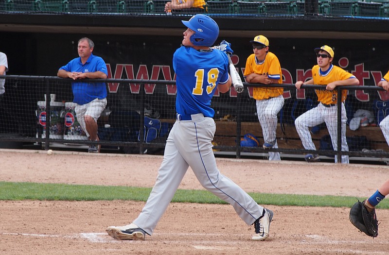 Will Robertson of Fatima watches his home run in the eighth inning of Tuesday afternoon's Class 3 state championship game against Scott City in O'Fallon.