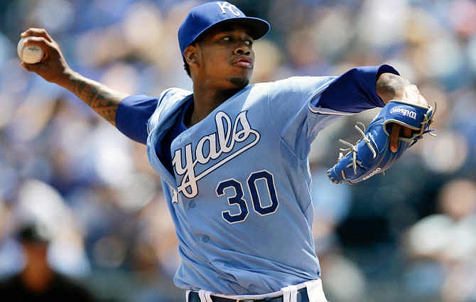 Kansas City Royals starting pitcher Yordano Ventura delivers to a Texas Rangers batter during the first inning of a baseball game at Kauffman Stadium in Kansas City, Mo., Saturday, June 6, 2015.