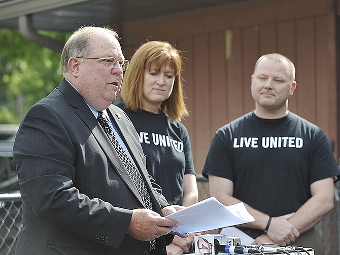 Greg Gaffke, chairman of the board of directors for the United Way of Central Missouri, announced Matt Tollerton, at right, and Barbara Prasad as co-chairs of the campaign drive. 