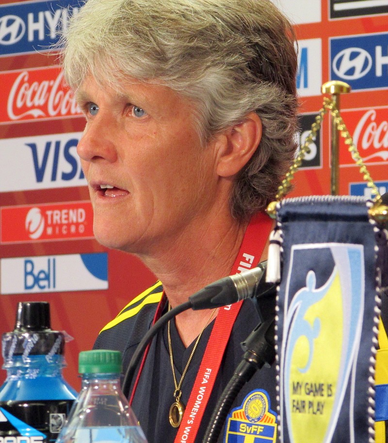 Sweden coach Pia Sundhage speaks Thursday during a news conference in Winnipeg, Manitoba.